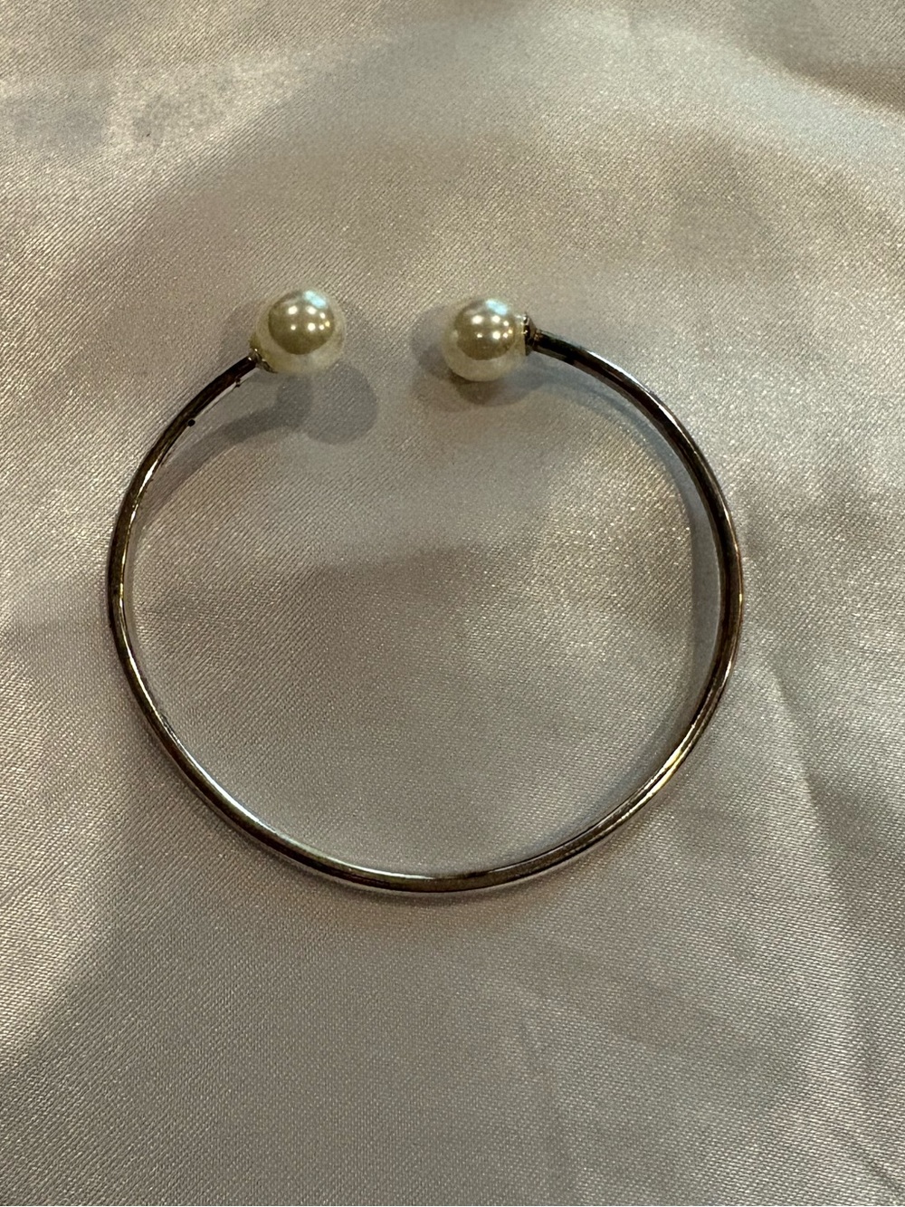 Silver Tone Open Cuff Bracelet Faux Pearl Ends Minimalist Jewelry